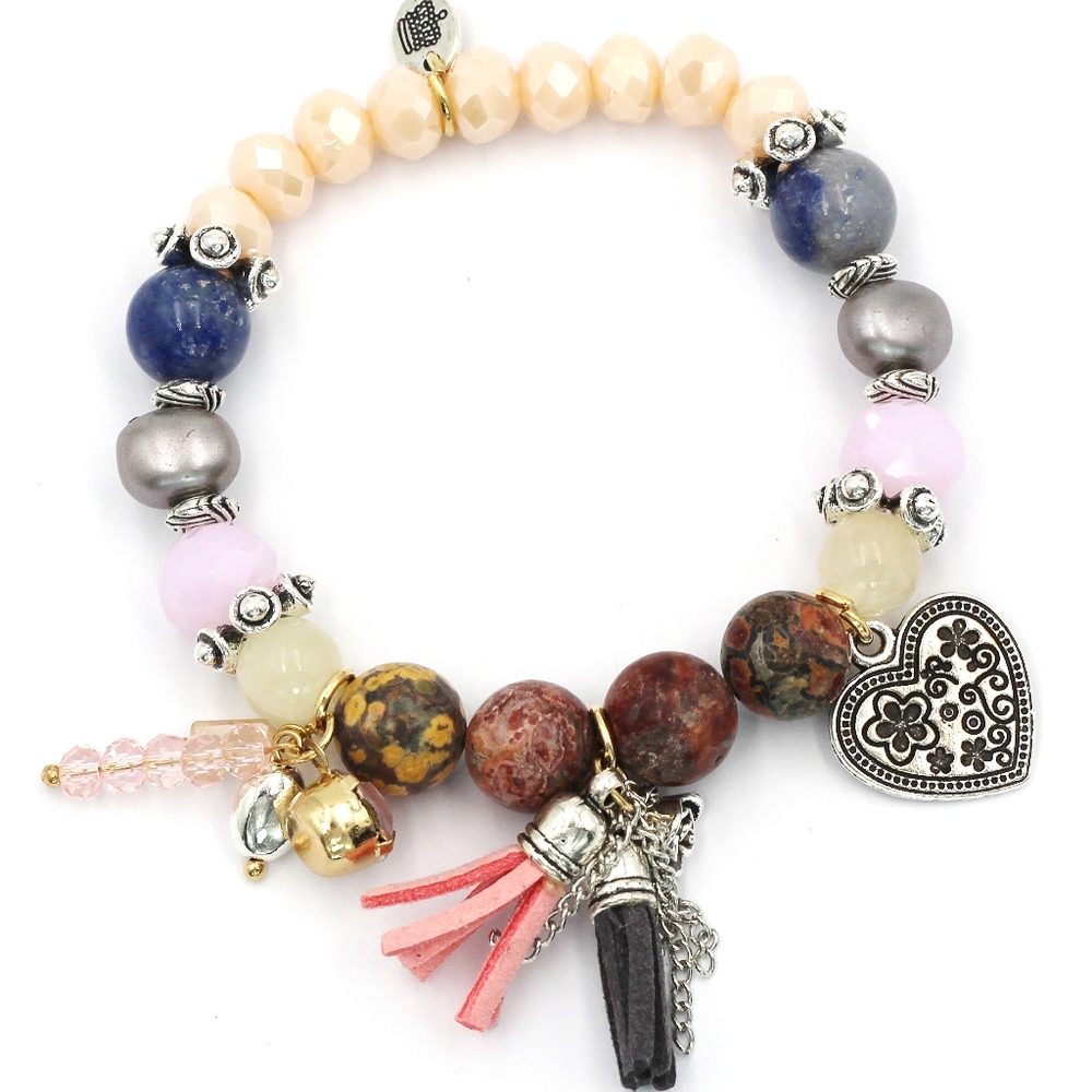 Brown colorful bead silver heart bracelet